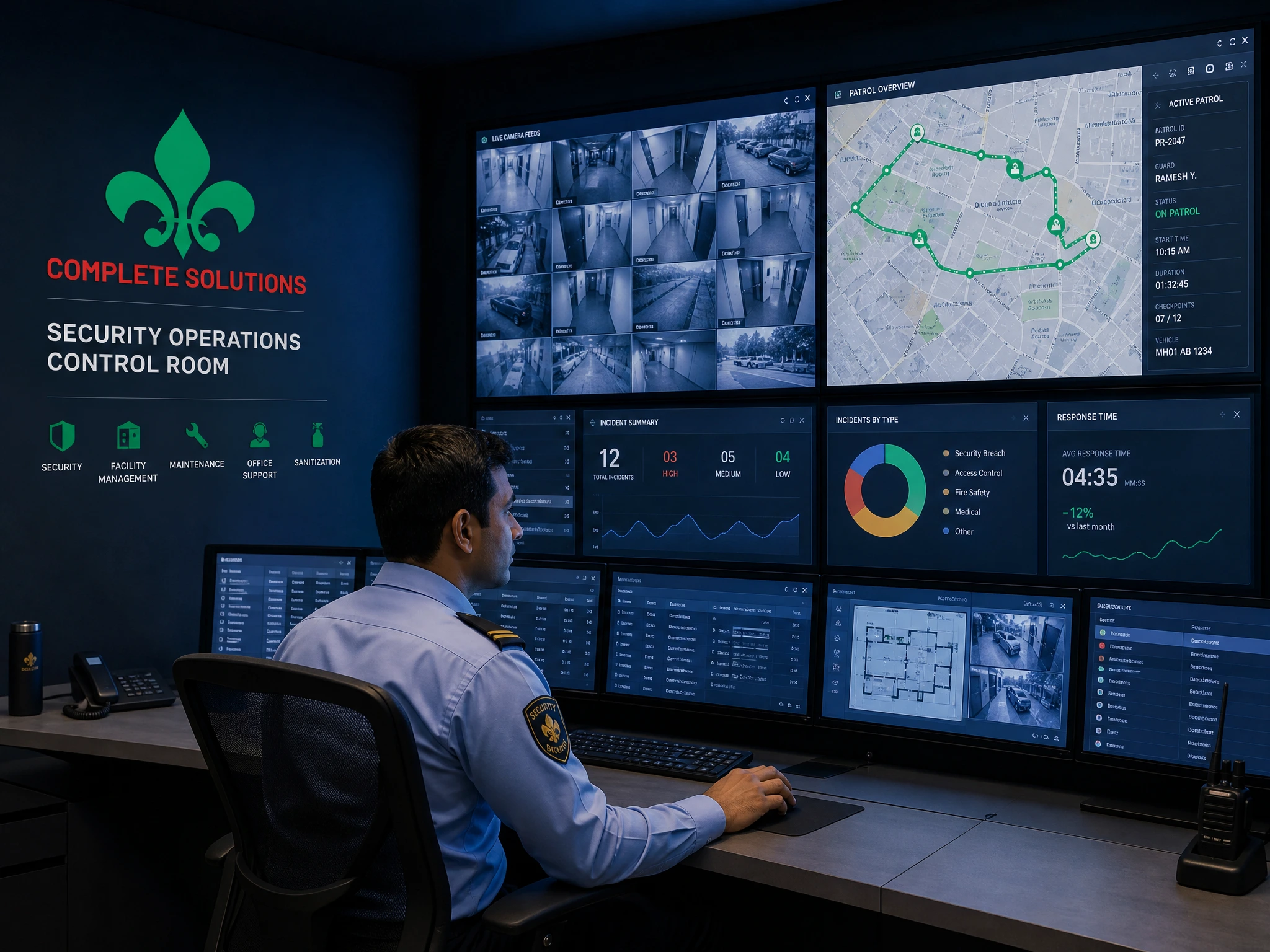 CCTV control room with multiple surveillance displays and an operator at work.