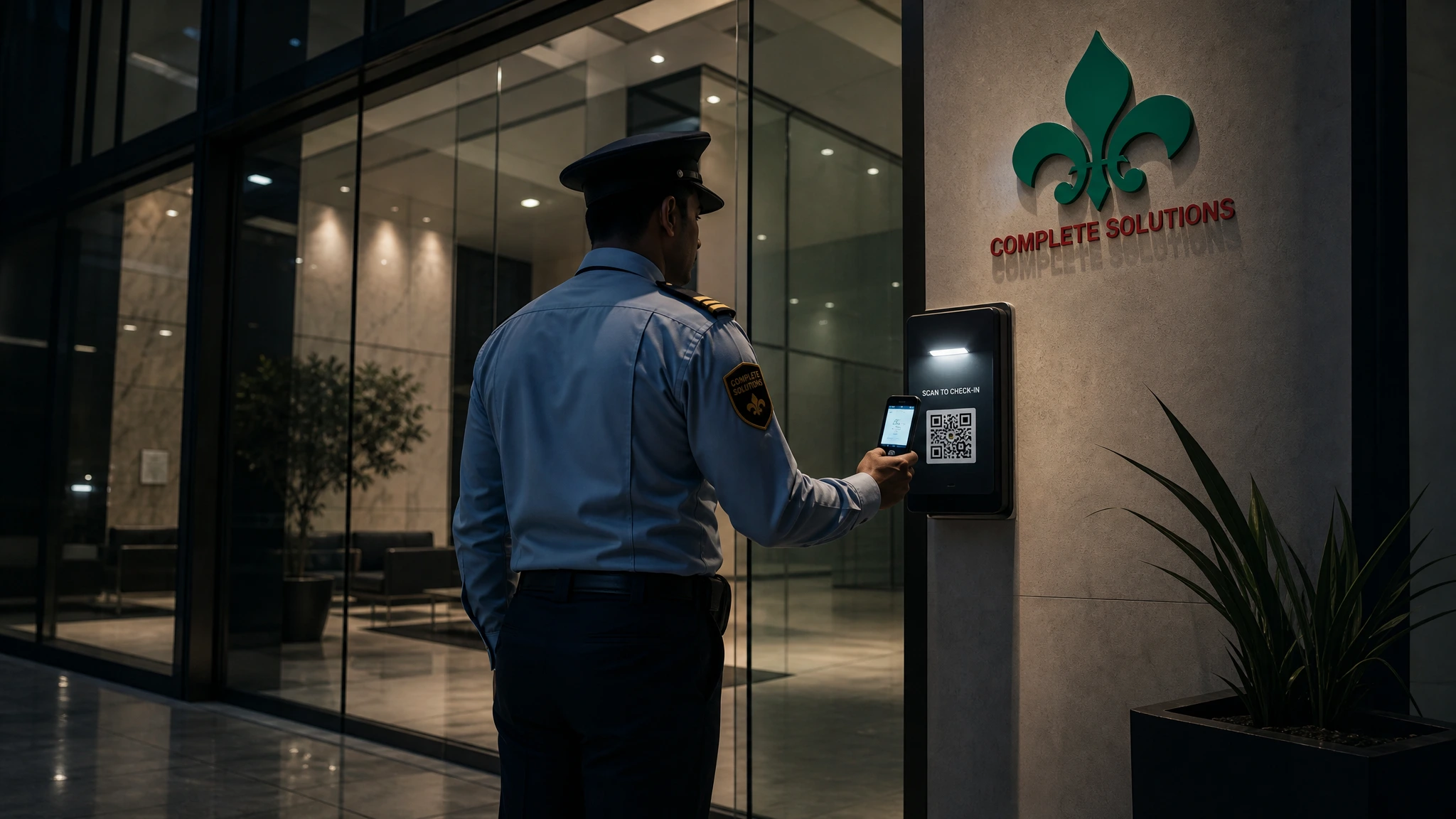 Security guard on night patrol in a commercial facility environment.