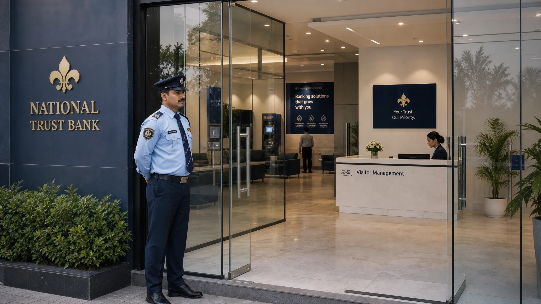 Bank branch entrance with security guard